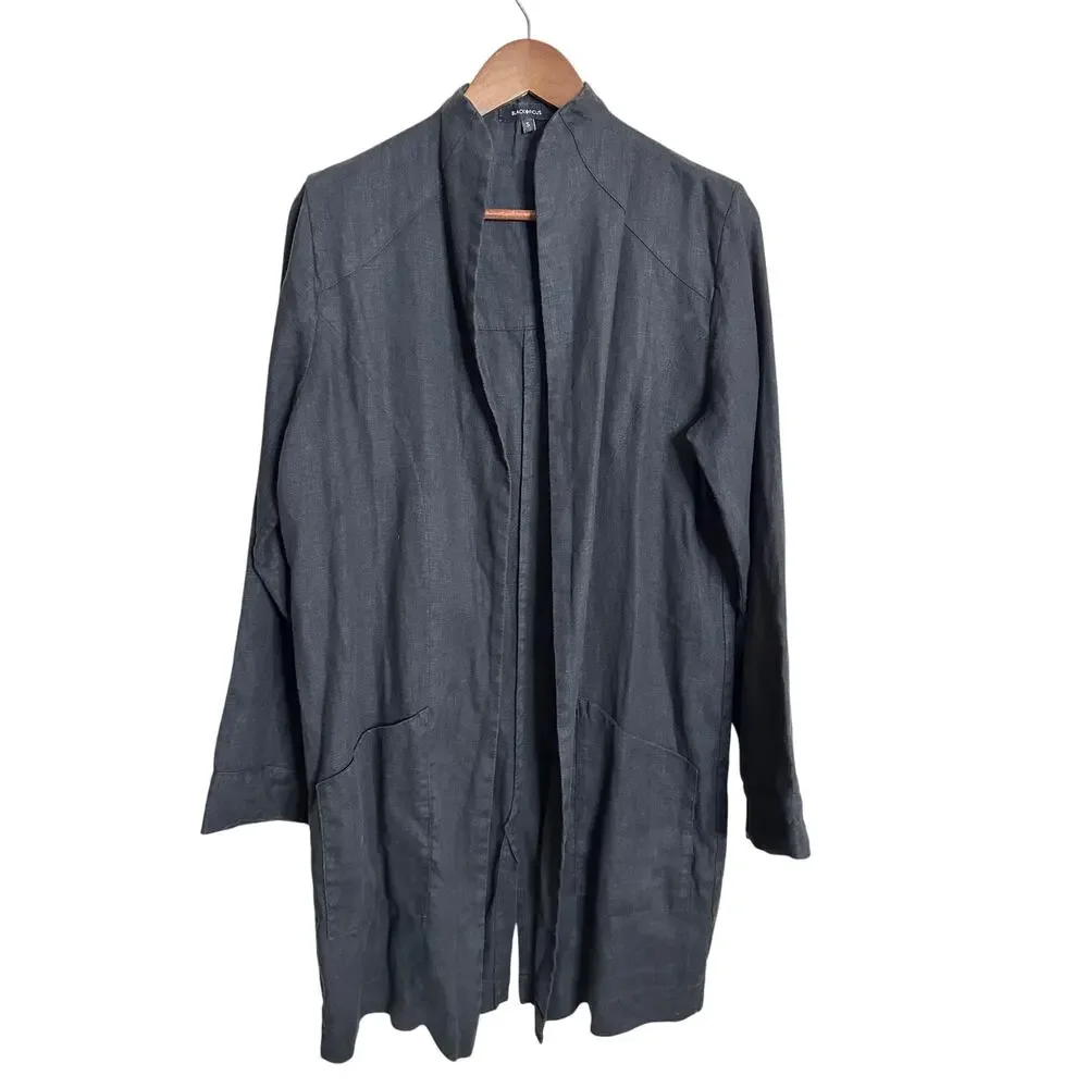 Black Ficus Linen Trench Almond in Black Mens S Longline Duster Open Front
